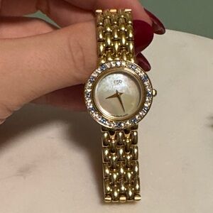 ESQ pearl face quartz watch with blue and white jewelled bezel